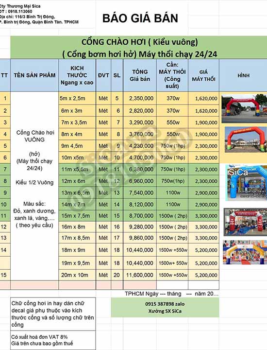 giá bán cổng chào hơi mới nhất